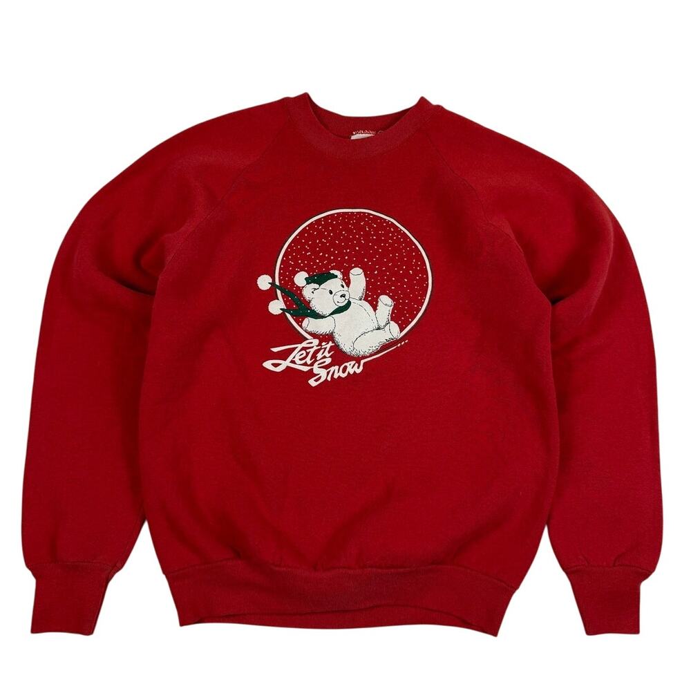 Vintage Let it Snow Winter Christmas Teddy Bear Red Crewneck Fits like Small
